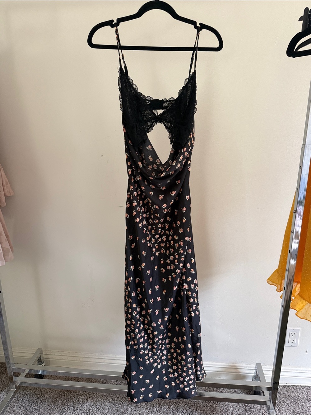 Free People Black Floral Lace-Trim Backless Slip Dress